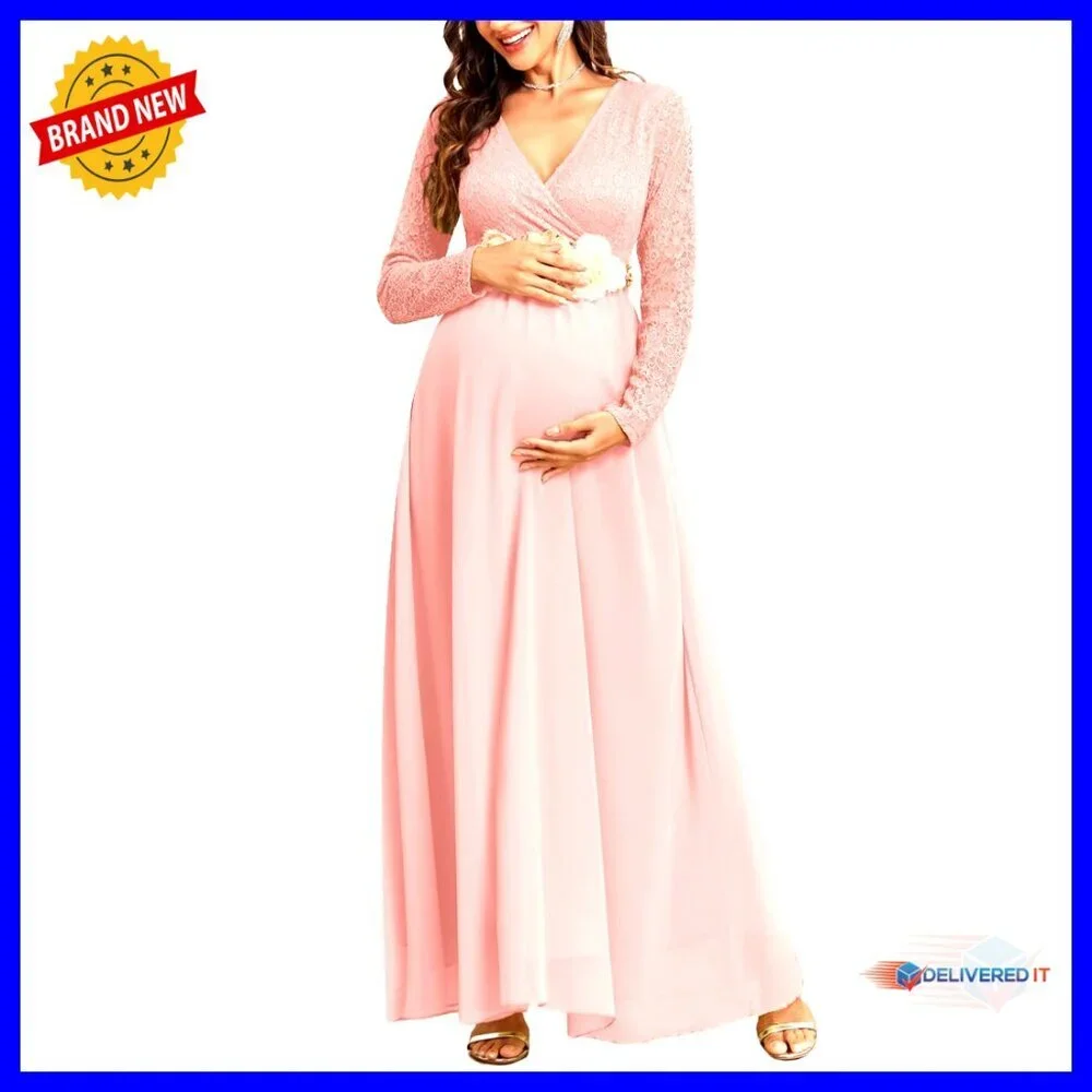 Maternity A-Line Wrap Dress with Lace Sleeves and Chiffon Skirt